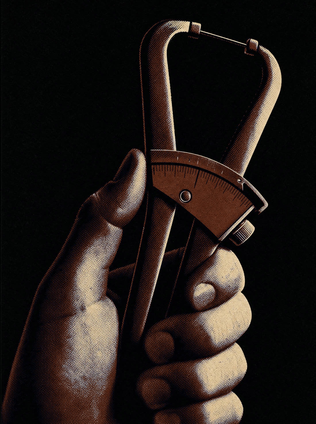 Pop-art poster of skinfold calipers in burnt orange and black