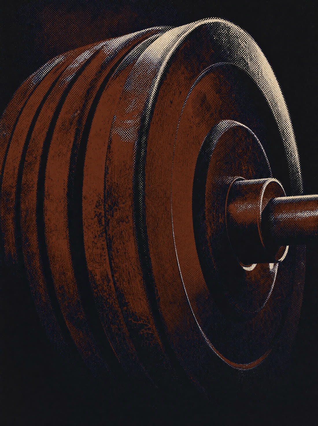 Pop-art poster of stacked barbell plates in burnt orange and black