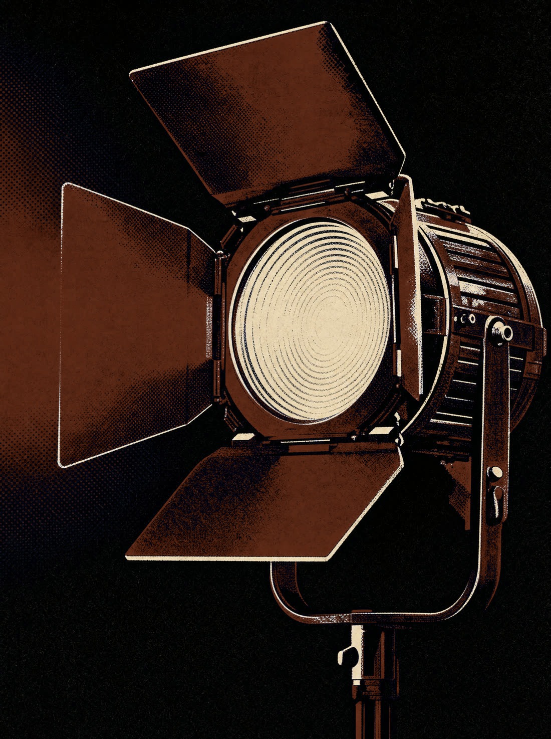 Pop-art poster of a glowing stage light in burnt orange and black